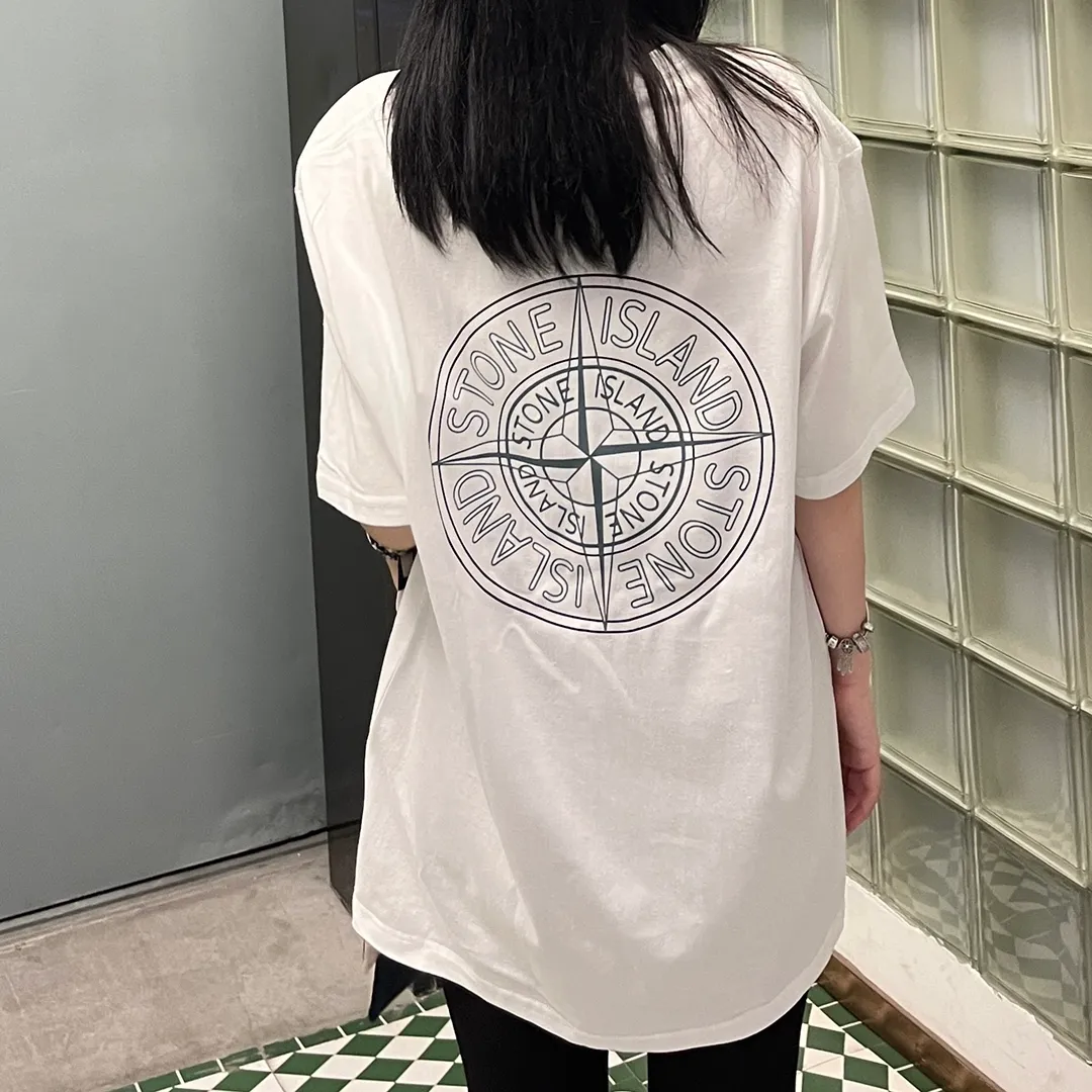 W609#P110💰 Stone Island compass big logo on the back logo printed short-sleeved men's and women's loose casual T-shirt Made of 260g combed cotton 32-count double yarn, double thread and two needles to press the thread, no deformation after long-term washing, imported 3D printing, no fading, no cracking, genuine pattern making, double tag wash, original packaging, color: black - white, size M - XXL
